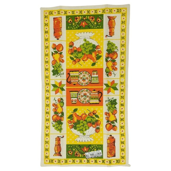 Parisian Prints Tea Towel Fruit Bowl Floral Kettle All Pure Linen NOS Lot of 3 - Picture 3 of 9